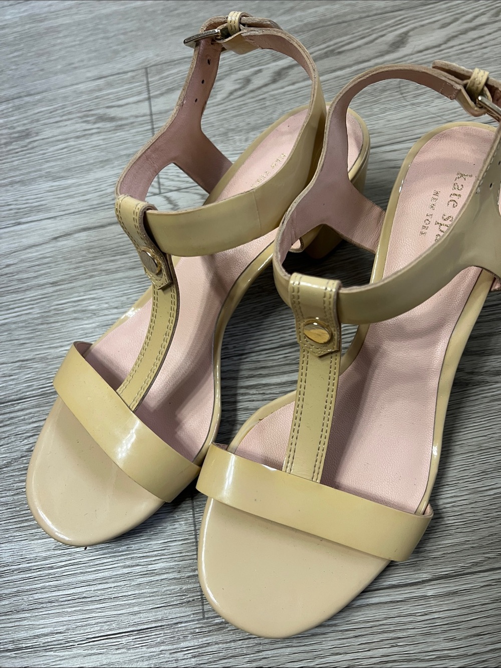 kate spade Cream Patent T-Strap Block Heel Sandals